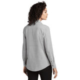 Model is wearing Mercer+Mettle® Women’s Long Sleeve Stretch Woven Shirt in Gusty Grey color