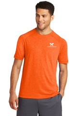 Model is wearing Sport-Tee PosiCharge Tri-Blend Raglan Tee in orange color