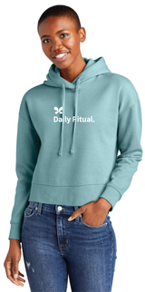 Model is wearing Daily Ritual Fleece Hoodie in blue color