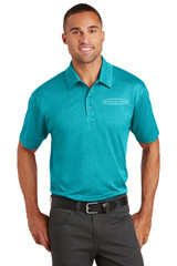 Model wearing Mens Heather Polo in Tropic Blue color