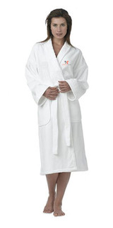 model is wearing Caldera Spa Robe in white color.