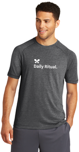 Model is wearing Daily Ritual Raglan Tee Shirt in Dark Grey color