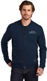 Men wearing River Blue Navy OGIO Outstretch Full-Zip  with white back ground