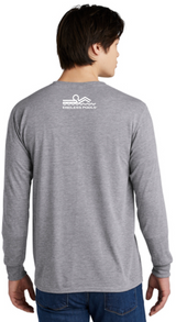 Model wearing Athletic Heather color JERZEES Dri-Power 100% Polyester Long Sleeve T-S, shown from the back