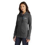 Model Wearing New Era Tri-Blend Fleece Heathered Hoodie Color Black pose from side with white background.