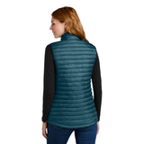Women wearing Blue Eddie Bauer® Women’s Packable Quilted Vest, shown from backside