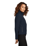 Model wearing Night Navy Color Mercer+Mettle® Women’s Stretch Soft Shell Jacket, right side view