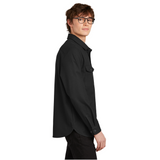 Model is wearing Mercer+Mettle® Long Sleeve Twill Overshirt in black color side view