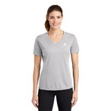 Model is wearing Silver Sport-Tek® Ladies PosiCharge® RacerMesh® V-Neck Tee Shirt.