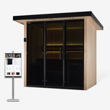 Lulea 4 Sauna Sign on stand next to Sauna. 