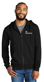 Men wearing Deep Black Daily Ritual Full Zip Hoodie with white background