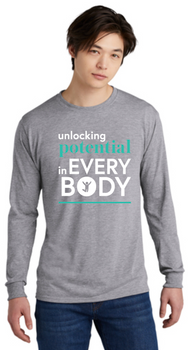 Model wearing Athletic Heather color JERZEES Dri-Power 100% Polyester Long Sleeve T-S