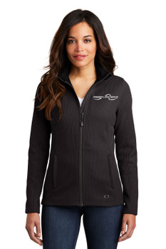 Model Wearing OGIO ® Ladies Grit Fleece Jacket Black with white background