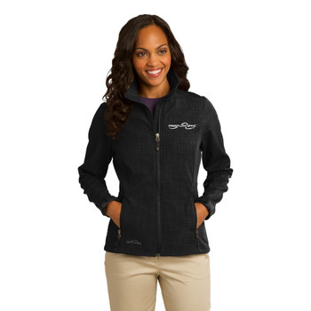 Model Wearing Eddie Bauer®Ladies Shaded Crosshatch Soft Shell Color Black/White with white background.
