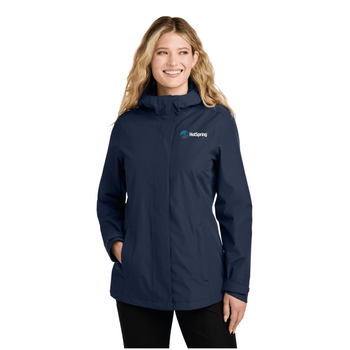 Model is wearing Port Authority® Women’s C-FREE® Rain Jacket in Navy Color