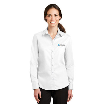 Ladies SuperPro Twill Shirt in white on model. 