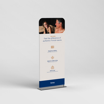 Finnelo All Sauna Collections Display Backdrop 36"x90" on a mockup.