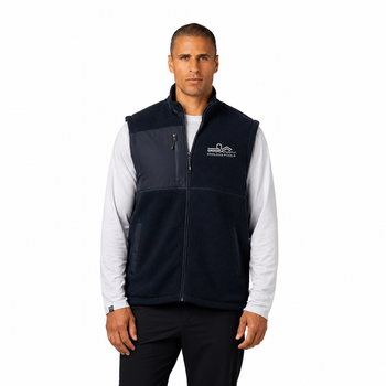 Model wearing Navy Blue Warm Up Colorblock Fleece Vest with white background