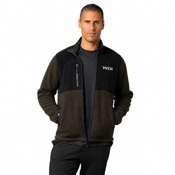 Model wearing Carbon Green Warm Up Colorblock Fleece Jacket with white background