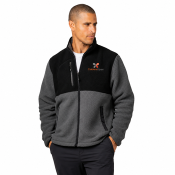 Model wearing Jet Gray/Black Warm Up Colorblock Fleece Jacket with white background