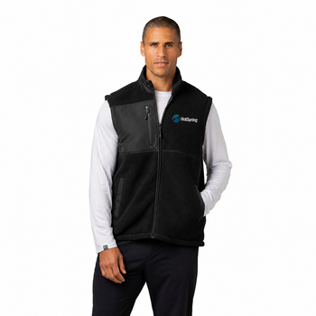Model wearing Black  Warm Up Colorblock Fleece Vest with white background