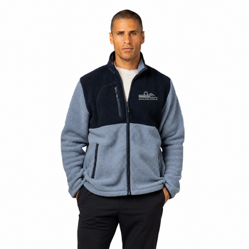 Model wearing Shadow Gray/NavyBlue Warm Up Colorblock Fleece Jacket with white background