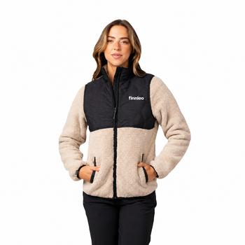 Model wearing Sand Brown/Black Warm Up Colorblock Fleece Jacket with white background