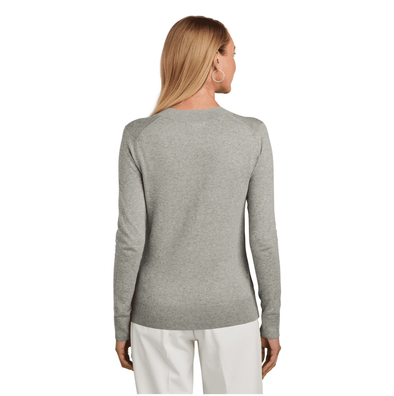 Model is wearing Brooks Brothers® Women’s Cotton Stretch V-Neck Sweater
 in Light Shadow Grey Heather color
