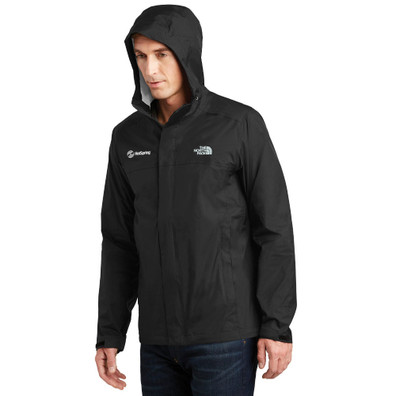 Model is wearing The North Face DryVent Rain Jacket in black color with hood