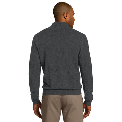 Model is wearing Half Zip Sweater in Charcoal color back view