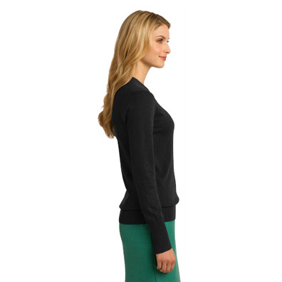 Model is wearing Ladies V-Neck Sweater in Black color side view