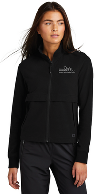 Model wearing Blacktop Color OGIO Ladies Outstretch Full-Zip with the white back ground