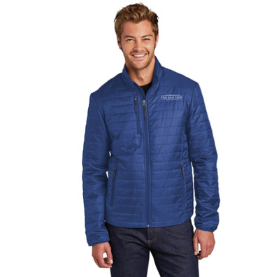 Man wearing Cobalt Packable Puffy Jacket