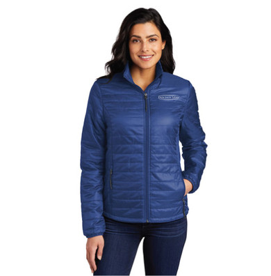 Women wearing Cobalt Color Ladies Packable Puffy Jacket with white background