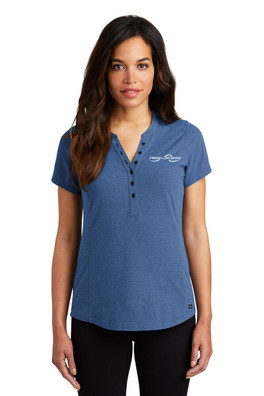 Model Wearing OGIO® Ladies Tread Henley/ Blue/White