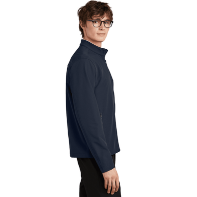Man wearing Night Navy Color Mercer+Mettle® Stretch Soft Shell Jacket, right side view