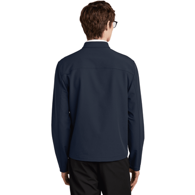 Man wearing Night Navy Color Mercer+Mettle® Stretch Soft Shell Jacket, shown from backside