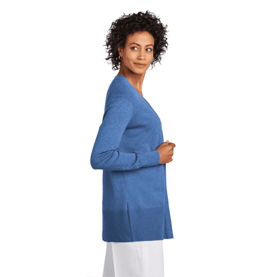 Model wearing Charter Blue Heather Brooks Brothers® Women’s Cotton Stretch Long Cardigan Sweater