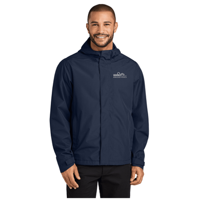 Man wearing True Nav color Port Authority® C-FREE® Rain Jacket with white background