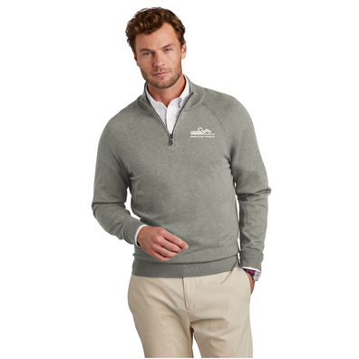Model is wearing Brooks Brothers® Cotton Stretch 1/4-Zip Sweater in Charter Light shadow grey Heather color