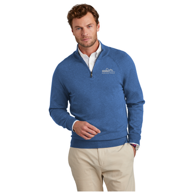 Model is wearing Brooks Brothers® Cotton Stretch 1/4-Zip Sweater in Charter Blue Heather color