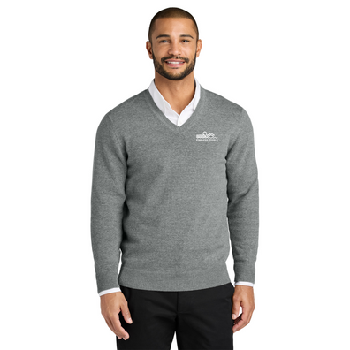 Model is wearing Medium Heather Grey Port Authority® Easy Care V Neck Sweater