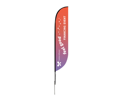 14' Feather Flag for Financing Event on a white background. 