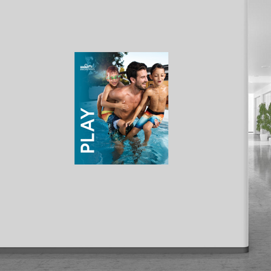 30x36 Play Endless Pools Banner shown on wall.