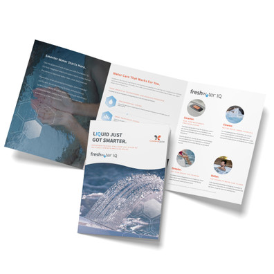 Caldera FWIQ Mini Brochure mockup showing cover and inside on white background. 