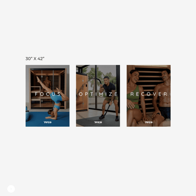 "Focus, Optimize, Recover" 30” x 42” Hanging Banners set of 3 on a gray background.