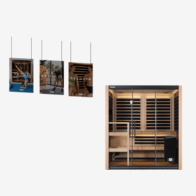 "Focus, Optimize, Recover" 30” x 42” Hanging Banners set of 3 staged in a mockup on a gray background.