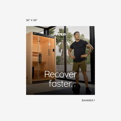 "Recover Faster" 36” x 36” Hanging Banner (Single) on a gray background.