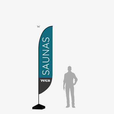 14' Tylo Feather Flag with small human outline standing next to it on gray background.