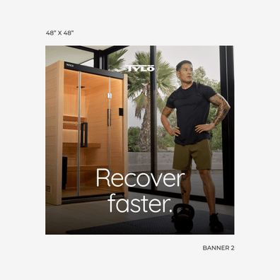 "Recover Faster" 48" x 48" Hanging Banner on a gray background.